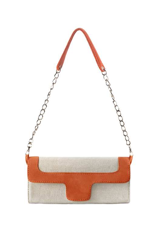 Women's natural beige and clementine orange luxurious elegant clutch for ceremonies, weddings and evenings out. - Top view